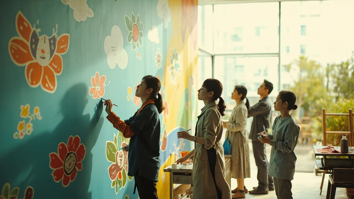 Community members collaborate on a large mural project for their neighborhood, illustrating “China dream” in Chinese: 中国梦 (Zhōngguó mèng)