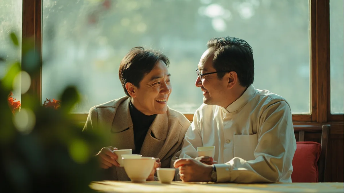 Two close friends share a warm conversation over tea in a cozy cafe, illustrating “China friends” in Chinese: 中国朋友 (Zhōngguó péngyou)