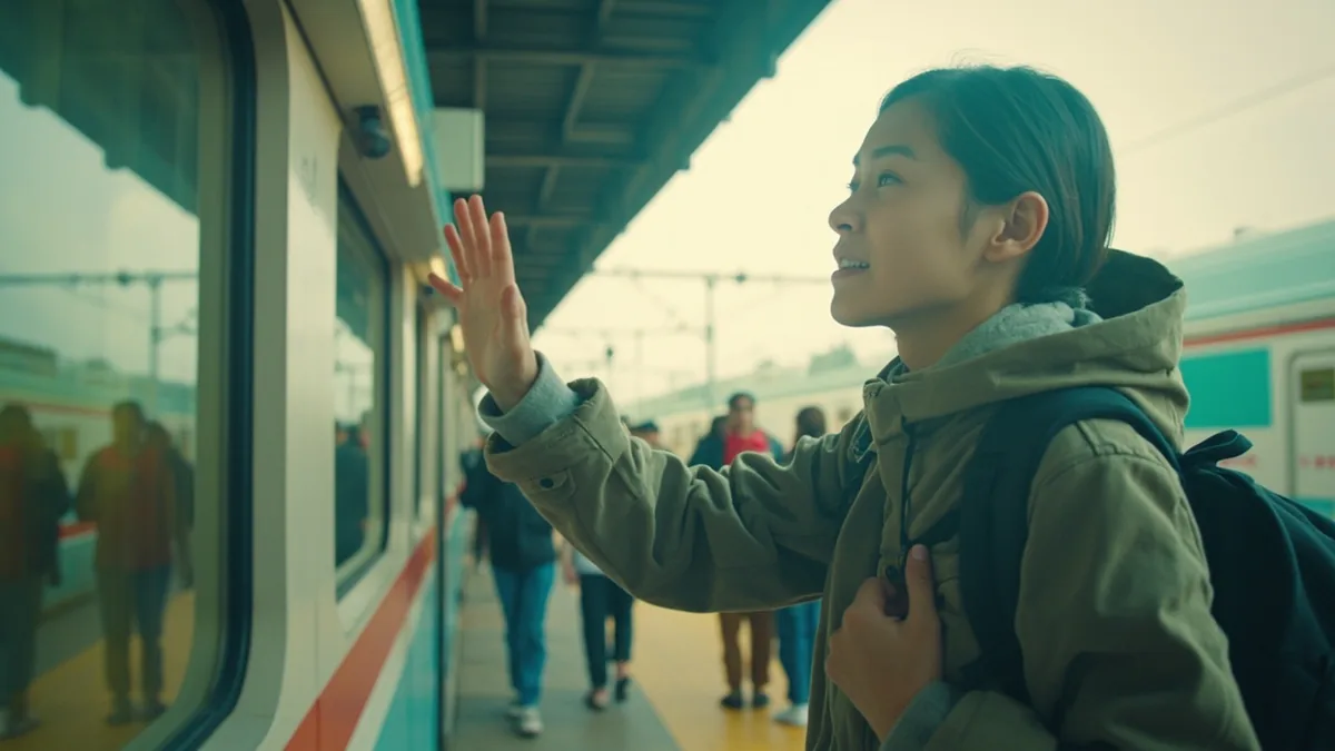 A traveler waves enthusiastically at a bustling train station platform, illustrating “China hello” in Chinese: 中国，你好！ (zhōngguó, nǐhǎo!)