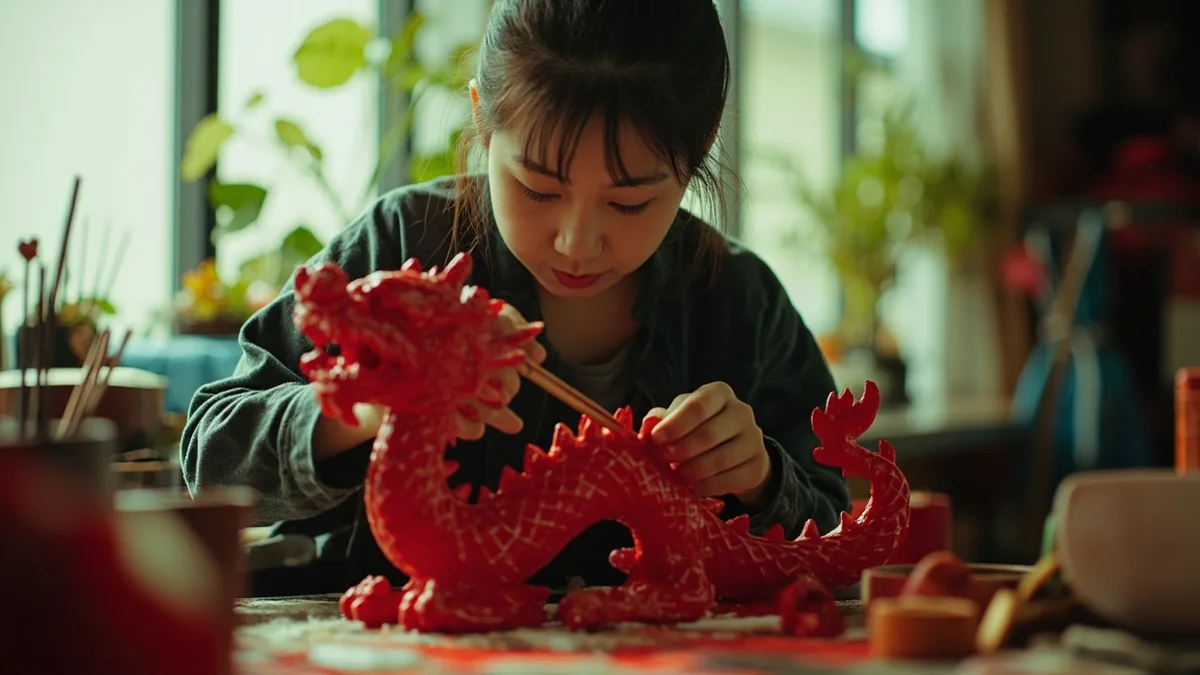 An artisan meticulously applies red paint to a dragon sculpture for a festival, illustrating “China red dragon” in Chinese: 中国红龙 (Zhōngguó hónglóng)