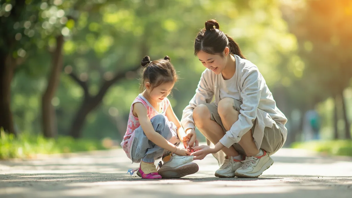 An older sister gently helps her younger sibling tie a shoelace outside, illustrating “China sister brother” in Chinese: 姐姐 (jiějie)