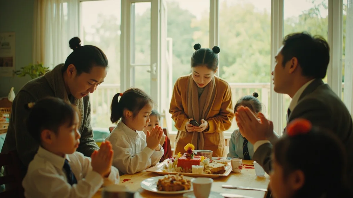 A small group of friends bows their heads in prayer at a birthday celebration, illustrating “Christian birthday greetings” in Chinese: 生日快乐，愿神赐福你 (shēngrì kuàilè, yuàn shén cìfú nǐ)