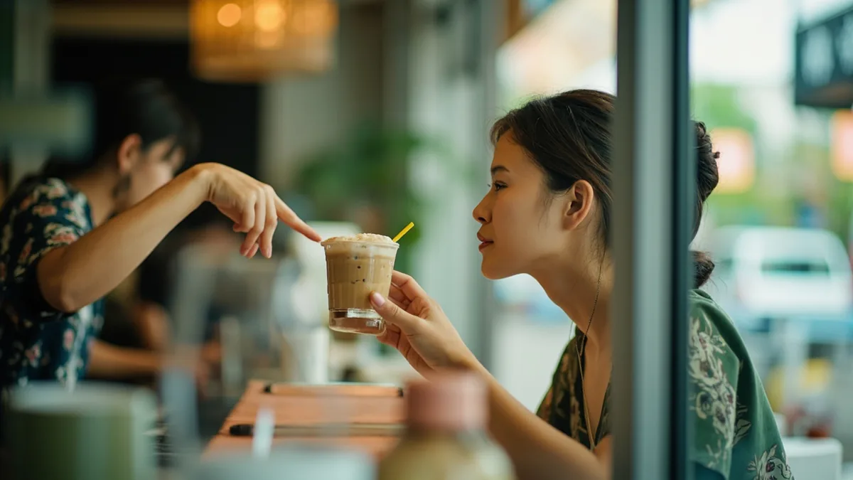 A customer gestures for an iced drink at a small cafe counter, illustrating “cold one, please” in Chinese: 要冰的 (yào bīng de)
