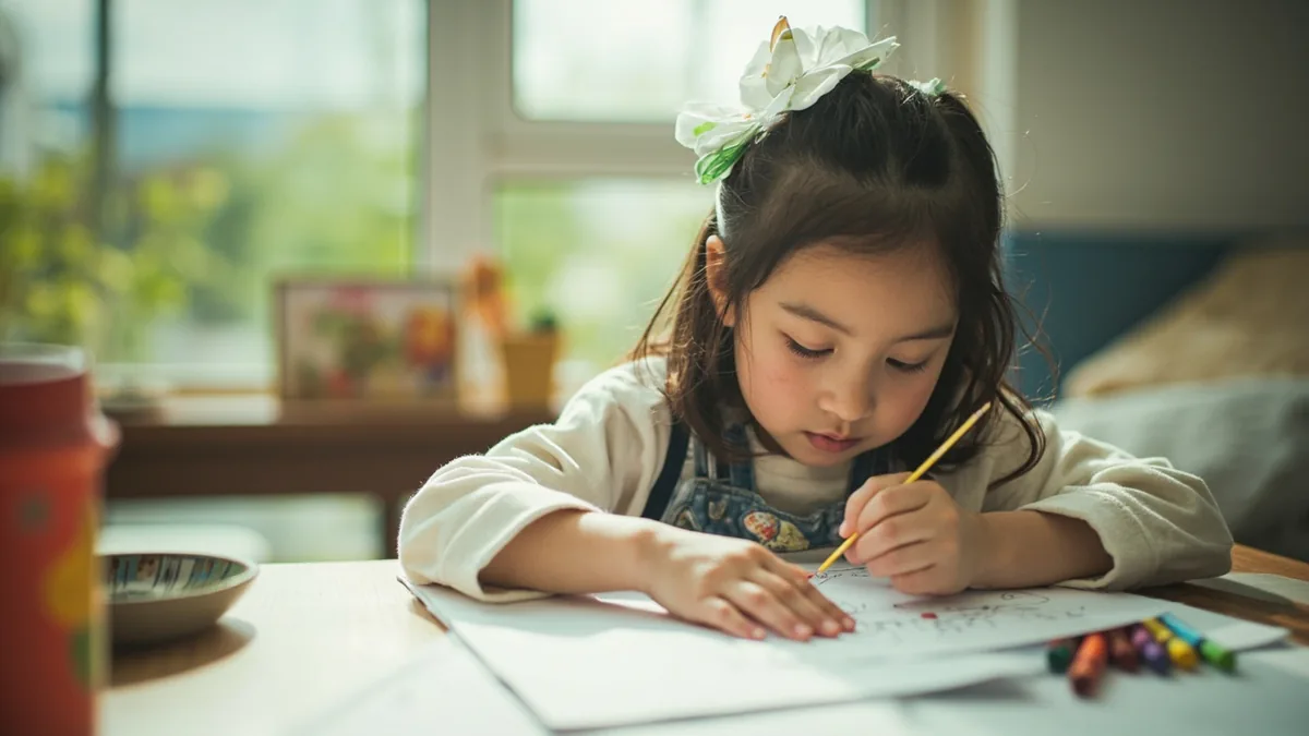 A child concentrates on coloring a drawing with crayons, illustrating “color it in” in Chinese: 涂颜色 (tú yánsè)