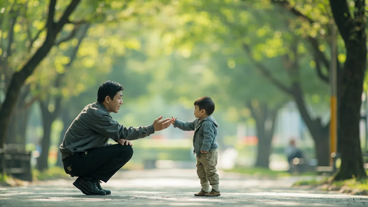 An adult gently beckons a child closer with a hand gesture, illustrating “come here” in Chinese: 过来 (guòlai)