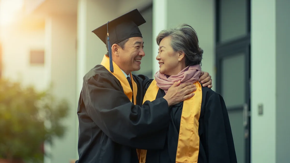 A young person receives a congratulatory hug after a graduation ceremony, illustrating “congratulations on your graduation” in Chinese: 毕业快乐 (bìyè kuàilè)