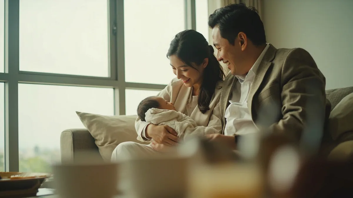 A friend congratulates new parents who are holding their baby, illustrating “congratulations on your new baby” in Chinese: 恭喜喜得贵子 (gōngxǐ xǐ dé guìzǐ)