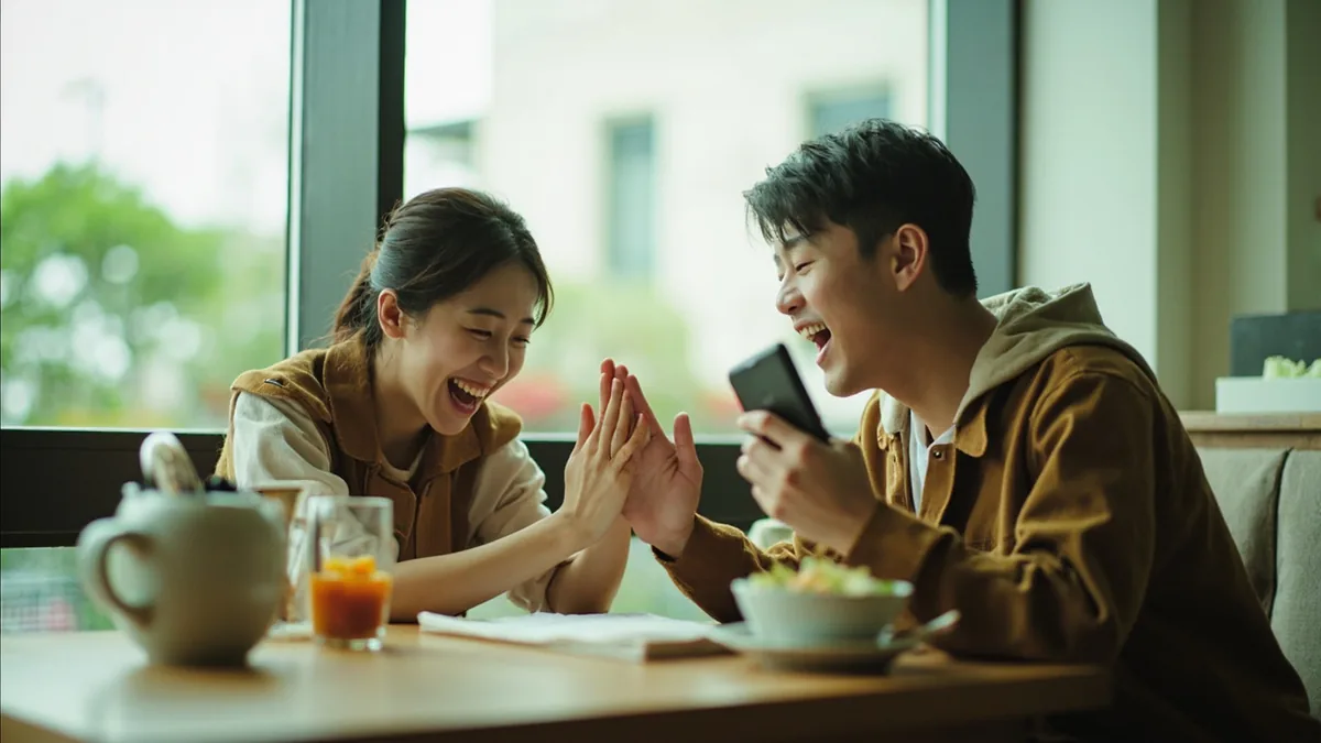 A friend celebrates with another who just got a new job offer, illustrating “congratulations on your new job” in Chinese: 恭喜你找到新工作 (gōngxǐ nǐ zhǎodào xīn gōngzuò)