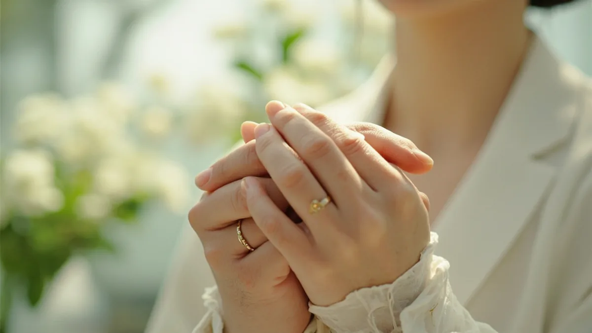 Hands clasped in congratulation beside a wedding ring, illustrating “congratulations on your wedding” in Chinese: 新婚快乐 (xīnhūn kuàilè)