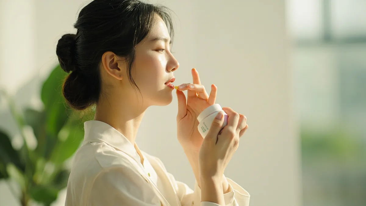 A person carefully applies a cosmetic product to their face, illustrating “cosmetic” in Chinese: 化妆品 (huàzhuāngpǐn)