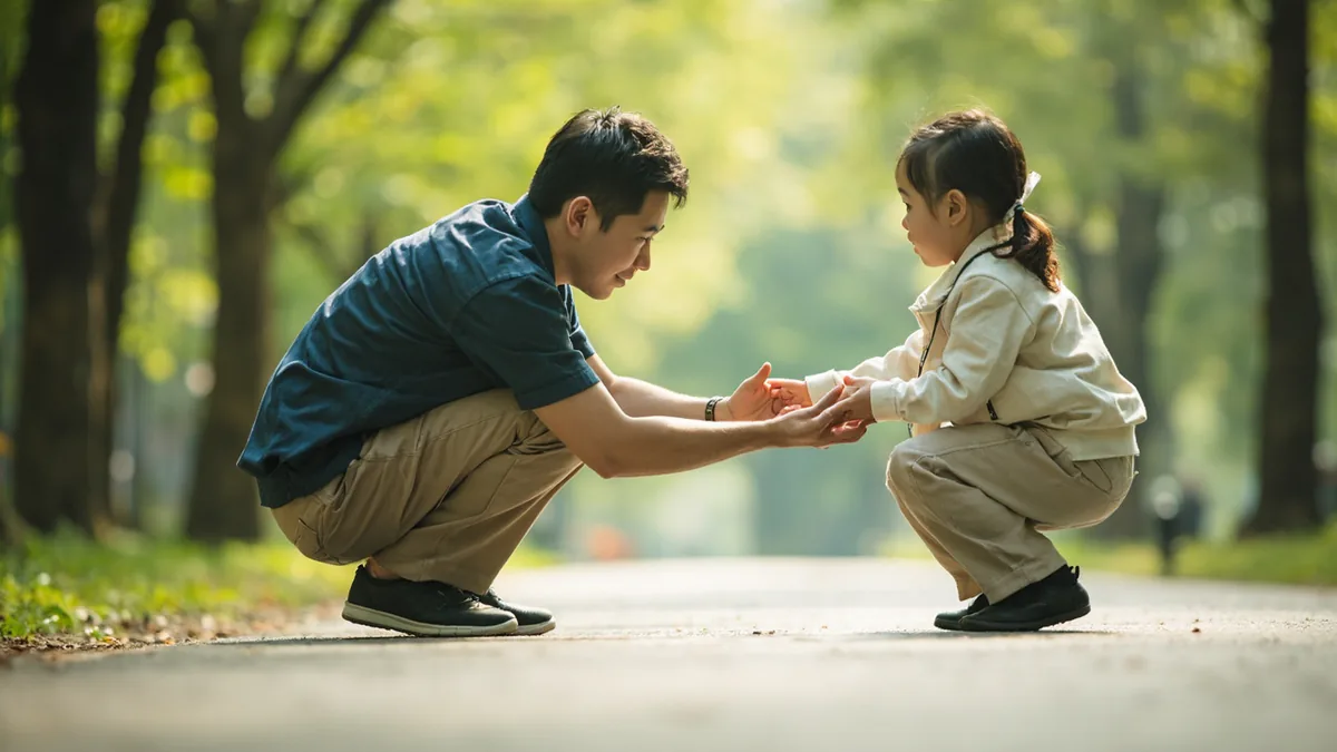 A parent prepares to lift a child after counting to three for a game, illustrating “count to three” in Chinese: 数到三 (shǔ dào sān)