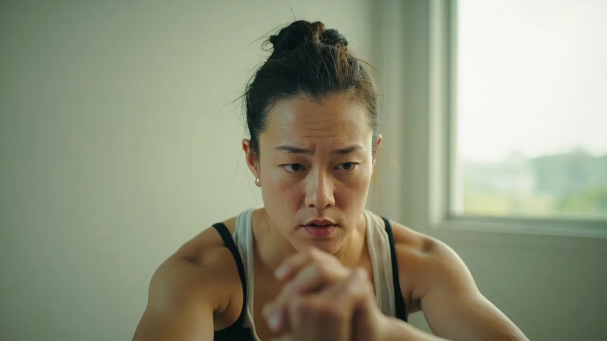 A person focuses intently on a challenging physical task, illustrating “courage and strength” in Chinese: 勇气和力量 (yǒngqì hé lìliàng)