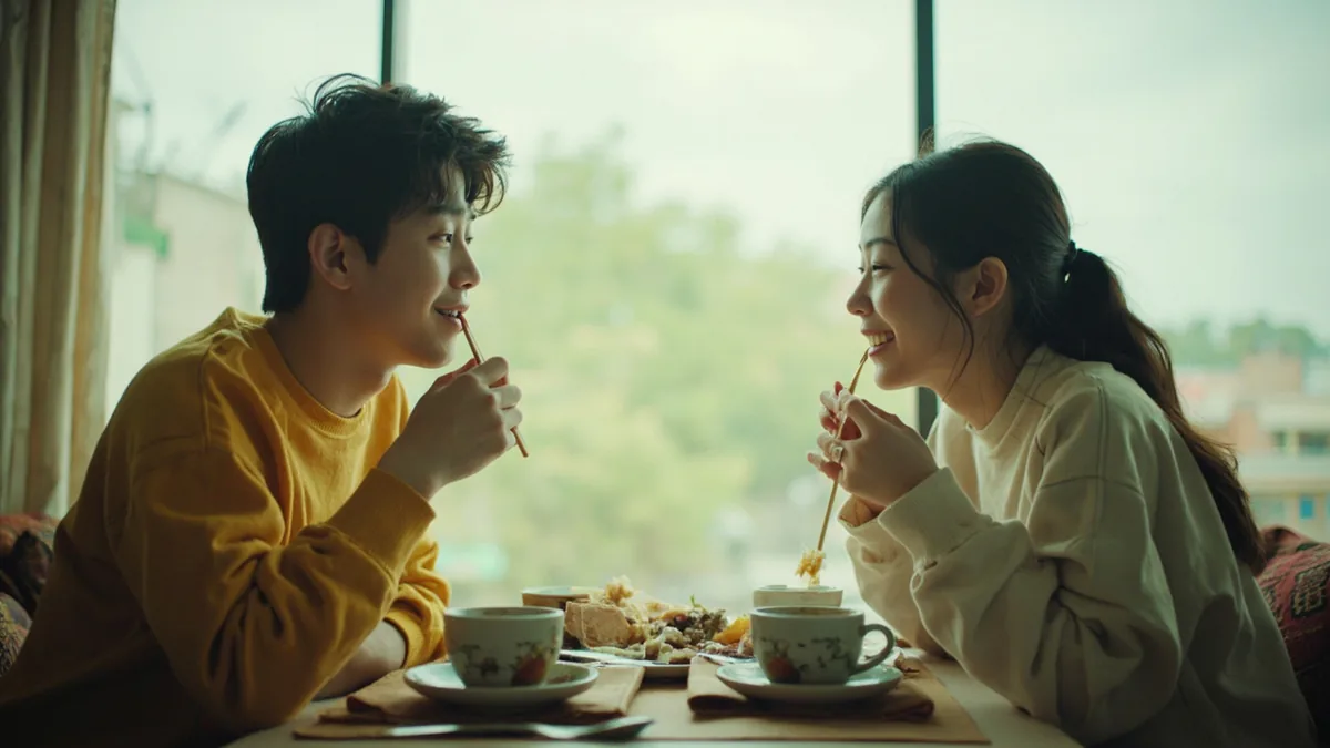 Two young adults who are cousins share a laugh over a meal, illustrating “cousin” in Chinese: 表亲 / 堂亲 (biǎoqīn / tángqīn)