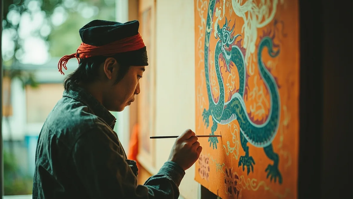 An artist meticulously paints a traditional Chinese dragon design, illustrating “culture dragon” in Chinese: 龙文化 (lóng wénhuà)