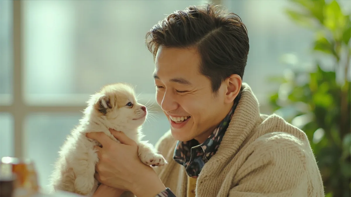 A person smiles while admiring a small, adorable pet, illustrating “cute” in Chinese: 可爱 (kě'ài)