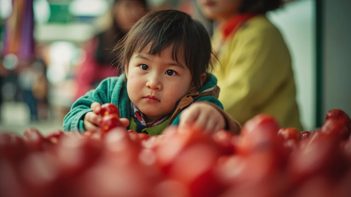 A person selects fresh red dates from a market stall, illustrating “dates” in Chinese: 枣 (zǎo)