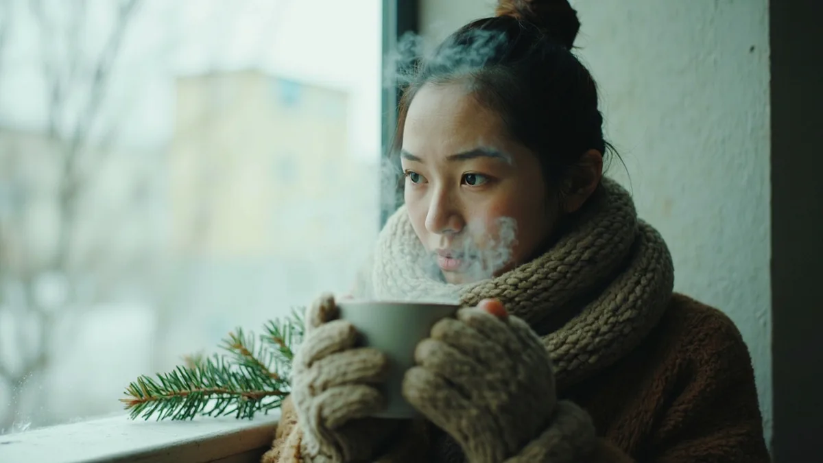 A person holds a warm drink as snow falls outside, illustrating “december” in Chinese: 十二月 (shí'èryuè)