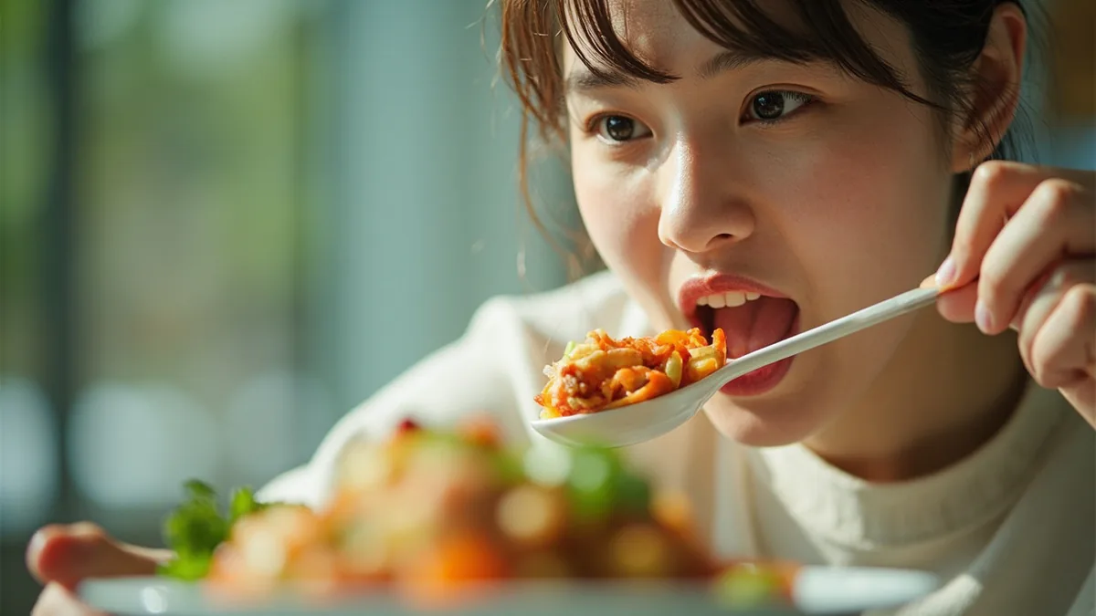 A person enjoys a spoonful of a tasty dish, illustrating “delicious” in Chinese: 很好吃 (hěn hǎochī)