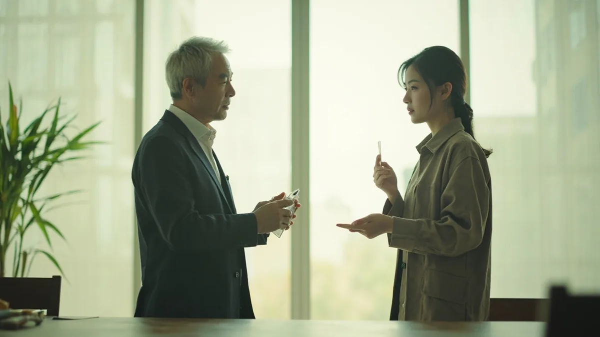 Two people discuss a future delivery, one gestures forward with an open hand, illustrating “delivery is next month” in Chinese: 下个月交货 (xià ge yuè jiāohuò)