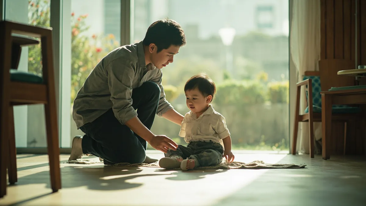An adult helps a child who has stumbled and fallen, illustrating “did you fall it's okay, it's okay” in Chinese: 摔倒了？不疼不疼 (shuāidǎo le? bù téng bu téng)