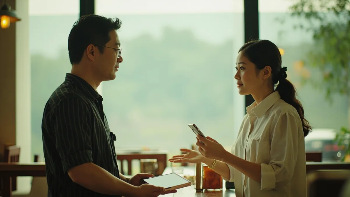 A restaurant host asks a diner about their booking, illustrating “do you have a reservation” in Chinese: 您预约了吗？ (nín yùyuē le ma?)