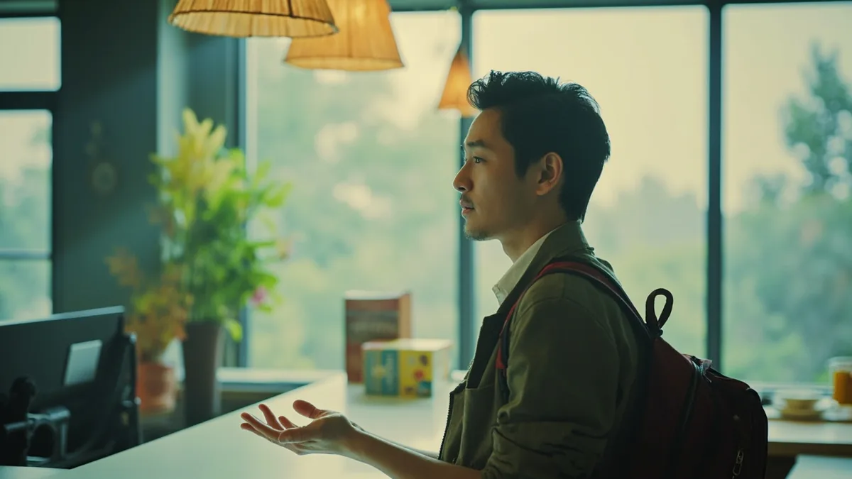 A traveler asks a guesthouse receptionist about room availability, illustrating “do you have any rooms available” in Chinese: 有空房吗？ (yǒu kòngfáng ma?)