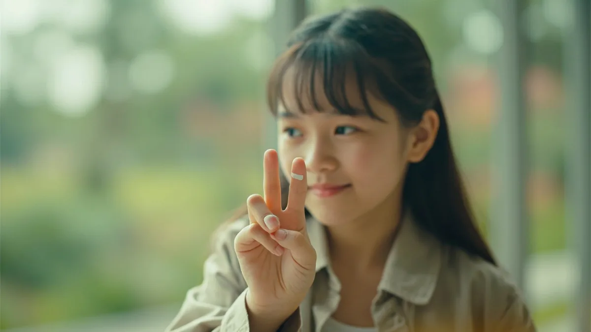 A person shows a small finger cut while asking for a bandage, illustrating “do you have band-aids” in Chinese: 有创可贴吗？ (yǒu chuāngkětiē ma?)