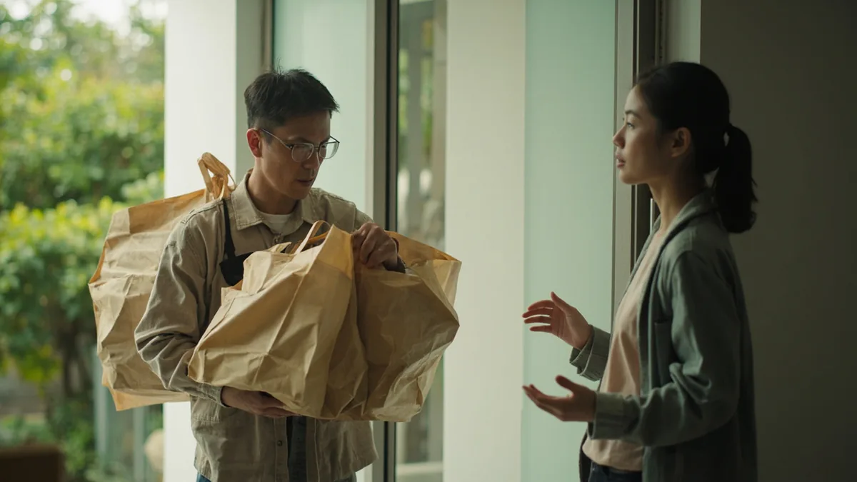 A person offers help to someone carrying a heavy bag, illustrating “do you need help” in Chinese: 需要帮忙吗？ (xūyào bāngmáng ma?)