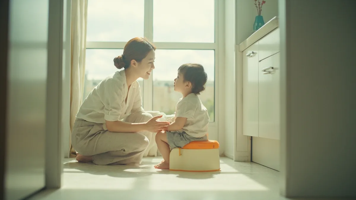 A parent gently asks a child if they need to use the toilet, illustrating “do you need the potty” in Chinese: 要上厕所吗？ (yào shàng cèsuǒ ma?)