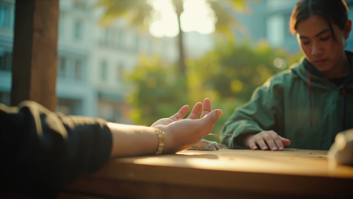 A customer turns an open palm upward in a question above a bare counter, illustrating “do you only take cash” in Chinese: 只收现金吗？ (zhǐ shōu xiànjīn ma?)
