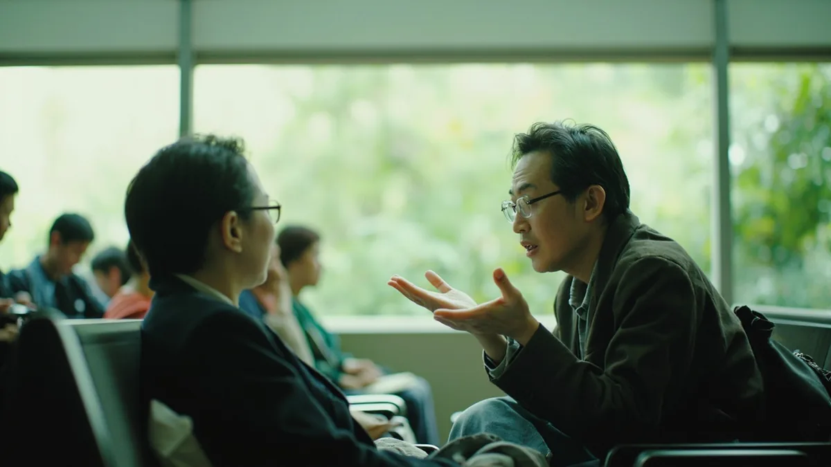 A person gestures politely, asking if another person speaks Chinese, illustrating “do you speak Chinese” in Chinese: 你会说中文吗? (nǐ huì shuō zhōngwén ma?)