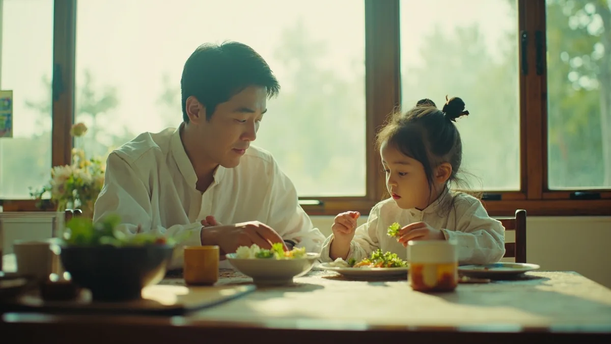A parent encourages a child to eat vegetables at the dinner table, illustrating “don't be a picky eater” in Chinese: 不要挑食 (bùyào tiāoshí)