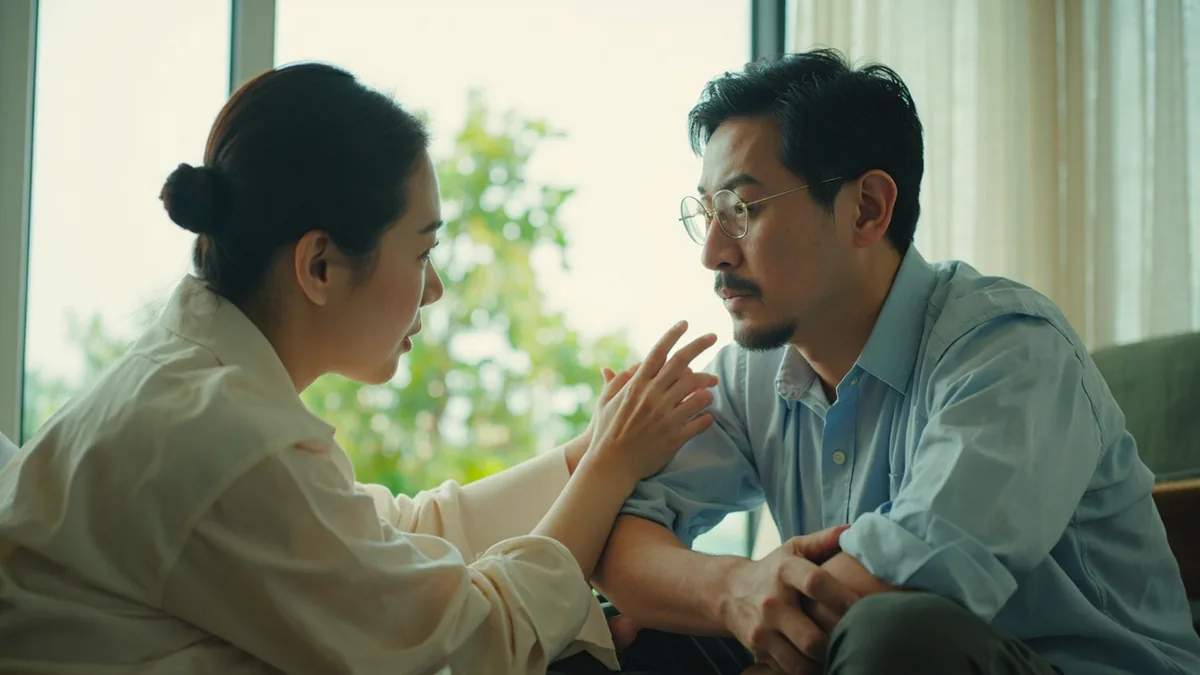 A person gently tries to calm another person's frustration, illustrating “don't be angry” in Chinese: 别生气 (bié shēngqì)