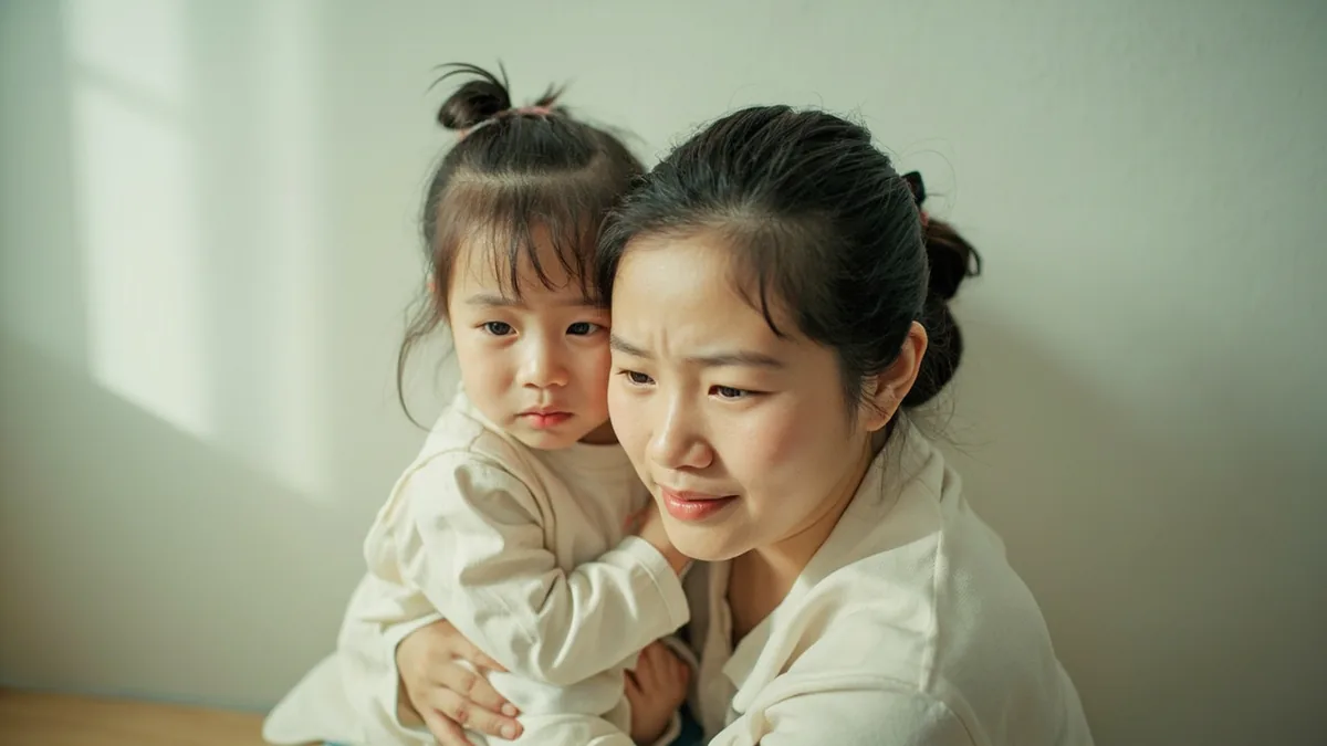 A parent comforts a young child who is feeling sad, illustrating “don't cry” in Chinese: 别哭 (bié kū)