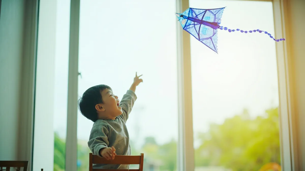 A child admiring a blue dragon design on a kite, illustrating “dragon blue” in Chinese: 龙的蓝色 (lóng de lánsè)
