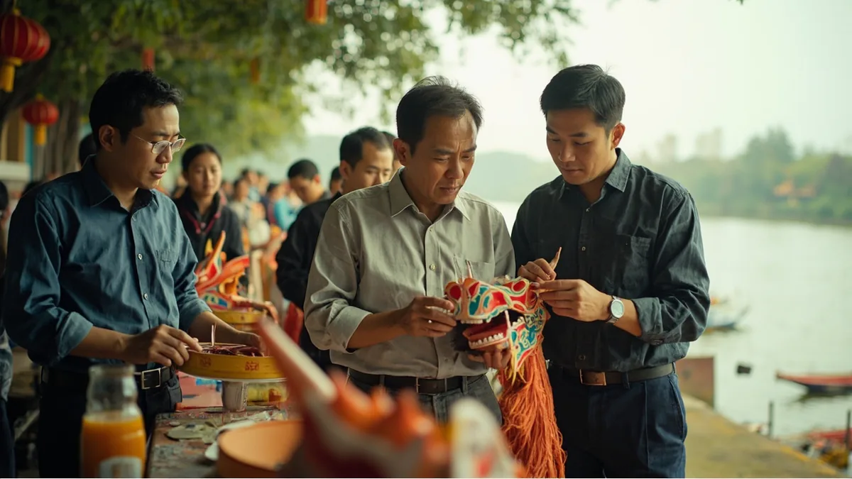 People gather around a colorful dragon boat by the water, illustrating “dragon boat China” in Chinese: 龙舟 (lóngzhōu)