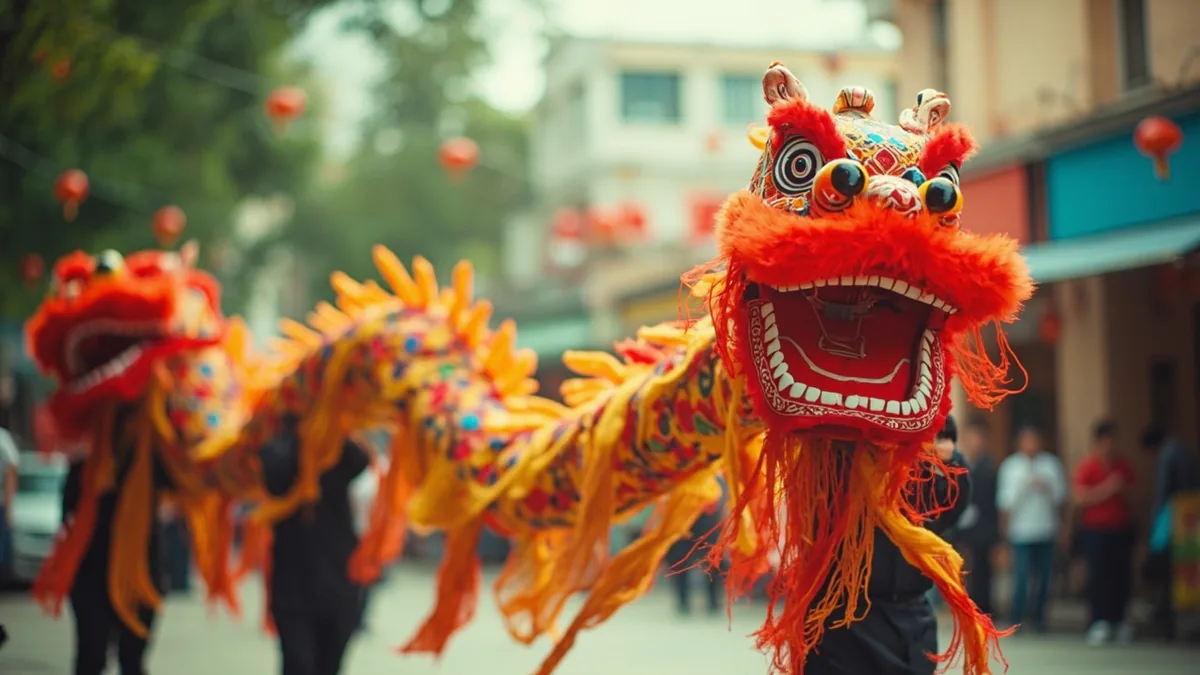 Performers manipulate a long dragon puppet during a festive event, illustrating “dragon dance” in Chinese: 舞龙 (wǔ lóng)