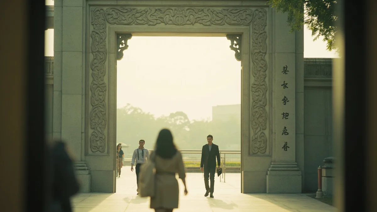 Visitors walk through a grand archway adorned with dragon designs, illustrating “dragon gate China” in Chinese: 龙门 (Lóngmén)