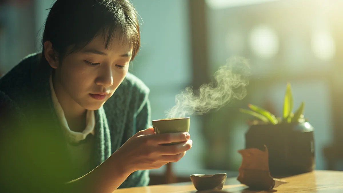 A person sips a cup of renowned green tea, illustrating “dragon green” in Chinese: 龙井 (Lóngjǐng)