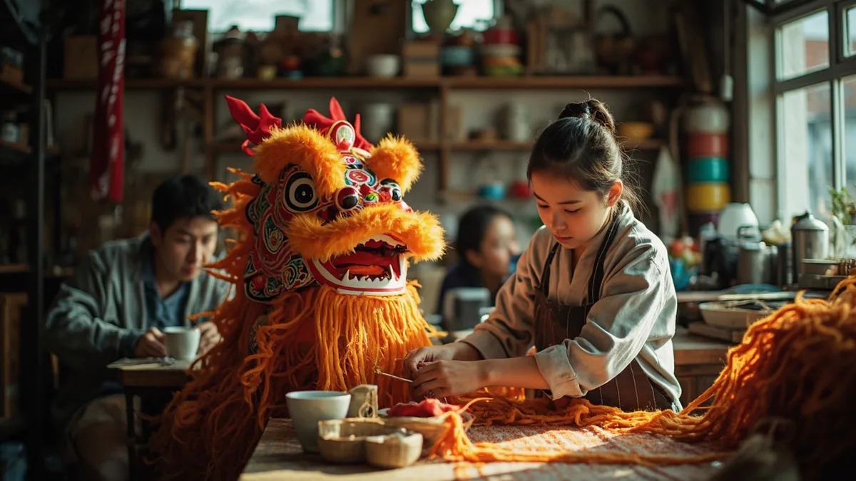 A craftswoman makes a Chinese dragon-dance costume, illustrating “dragon” in Chinese: 龙 (lóng)
