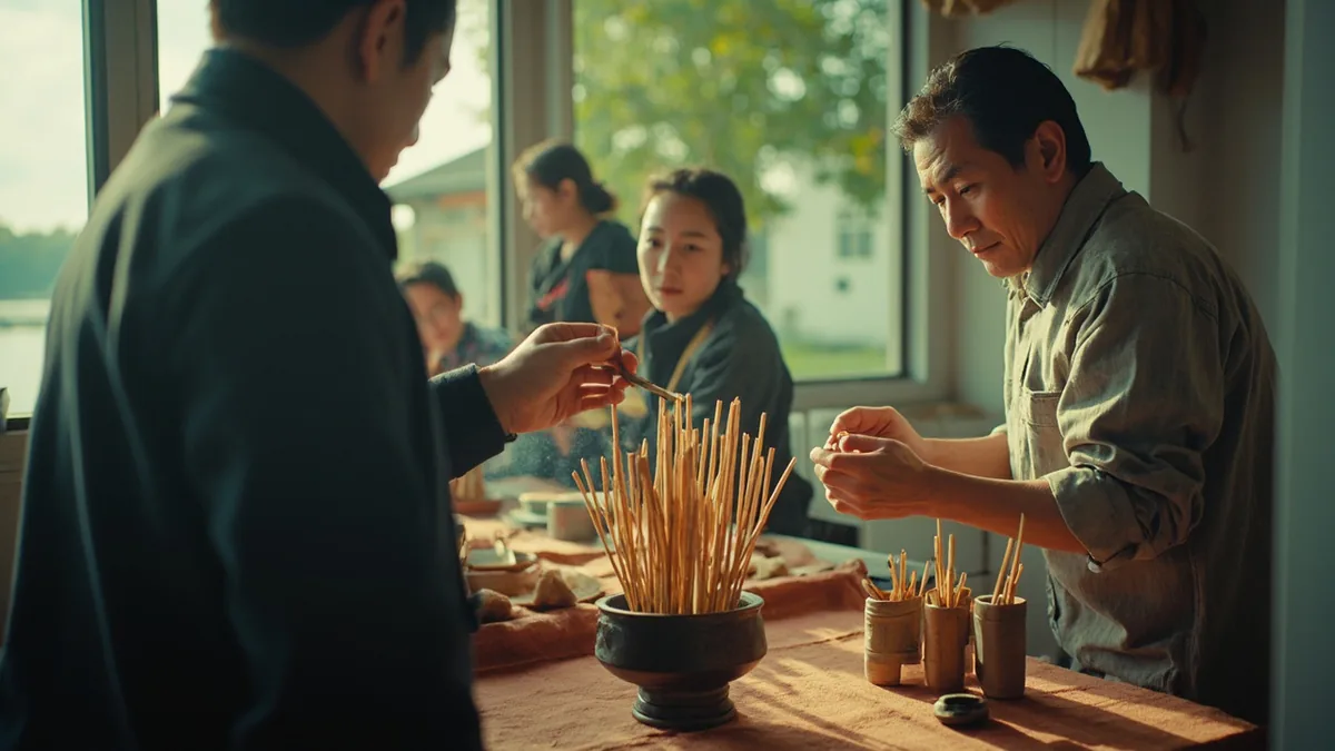People offer incense at a small shrine dedicated to a water deity, illustrating “dragon king” in Chinese: 龙王 (lóngwáng)