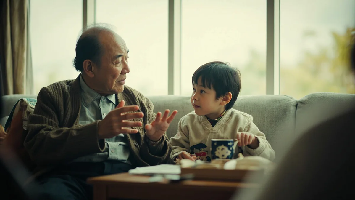 A grandparent tells a captivating story to a young child, illustrating “dragon king mythology” in Chinese: 龙王神话 (Lóngwáng shénhuà)