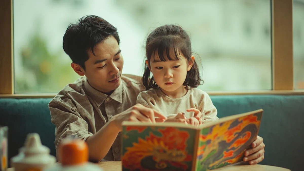 A child looks intently at a book illustration of a mythical dragon, illustrating “dragon mythology” in Chinese: 龙的传说 (lóng de chuánshuō)