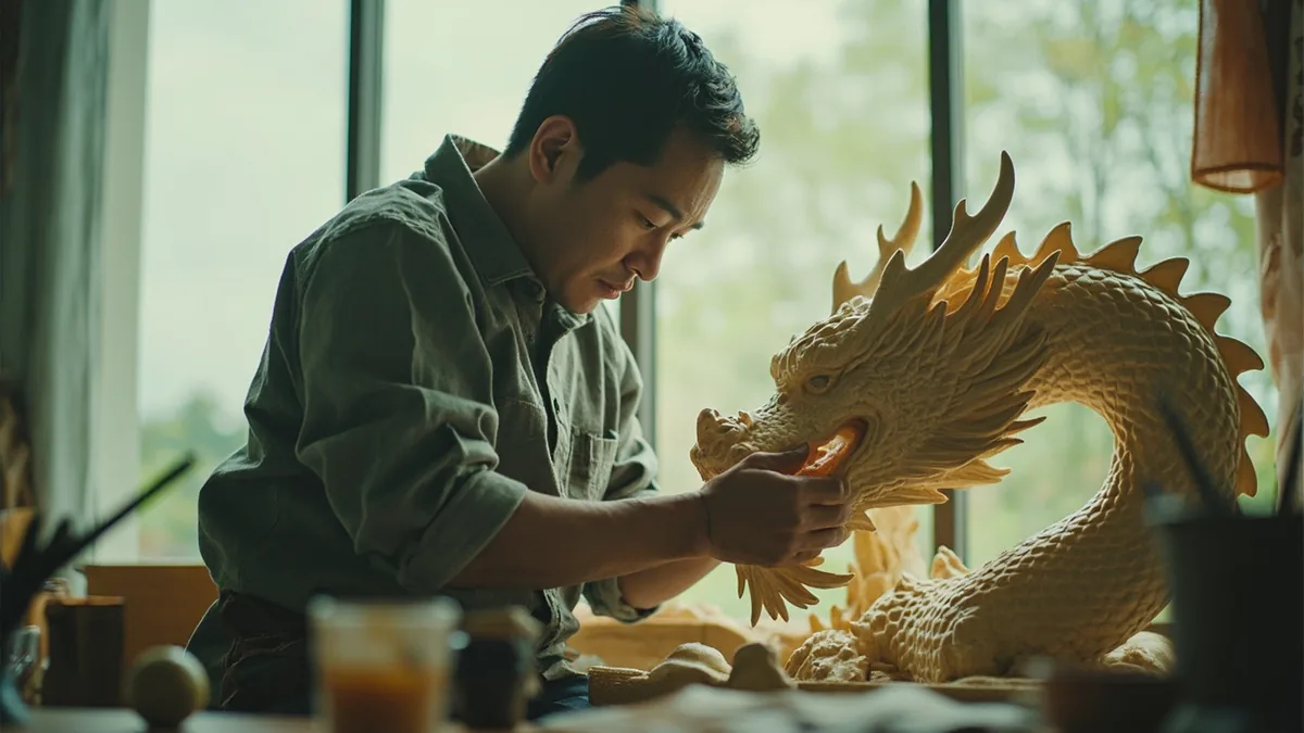 An artisan carefully sculpts a highly lifelike dragon figure, illustrating “dragon realistic” in Chinese: 逼真的龙 (bīzhēn de lóng)