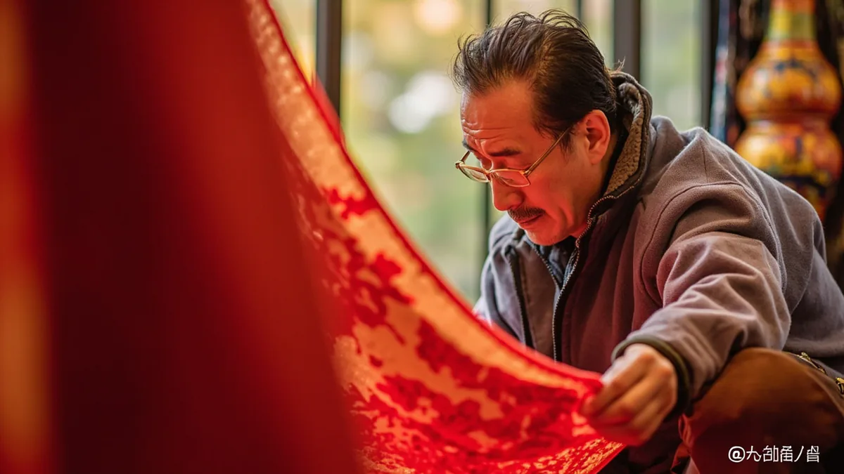 A person selects a festive fabric adorned with a red dragon pattern, illustrating “dragon red” in Chinese: 红龙 (hónglóng)