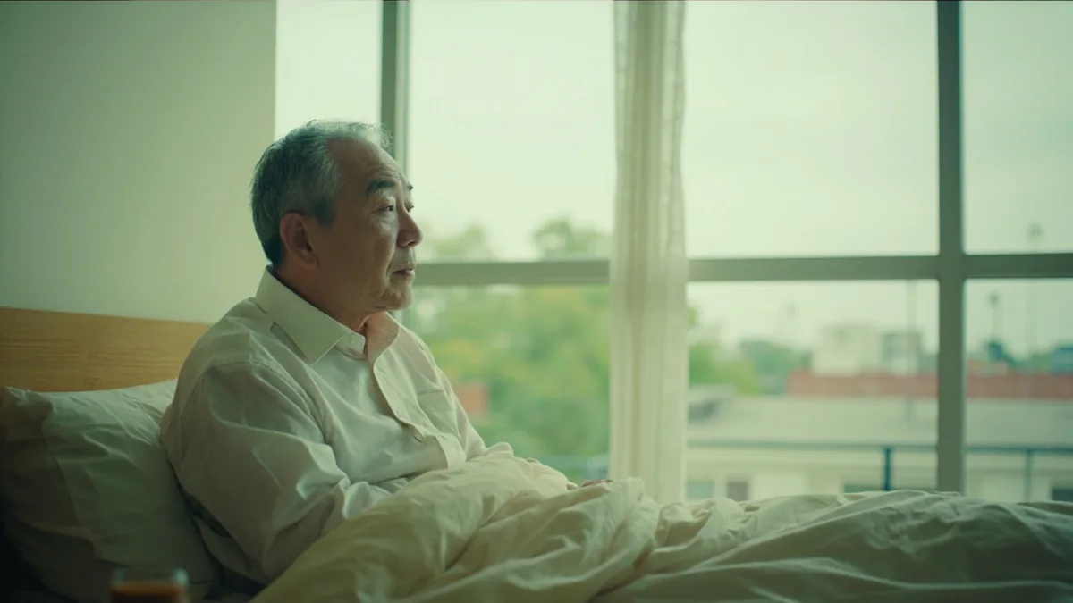 A person wakes up in bed, looking thoughtful after a night's sleep, illustrating “dream” in Chinese: 梦 (mèng)