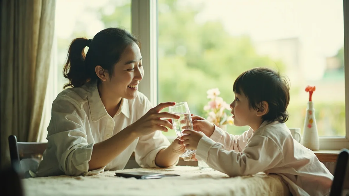 An adult gently hands a glass of water to a child, illustrating “drink more water” in Chinese: 多喝水 (duō hē shuǐ)