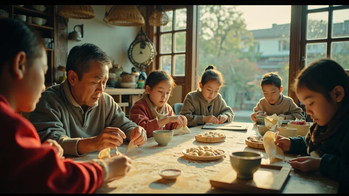A family makes dumplings together at a table, illustrating “dumpling” in Chinese: 饺子 (jiǎozi)