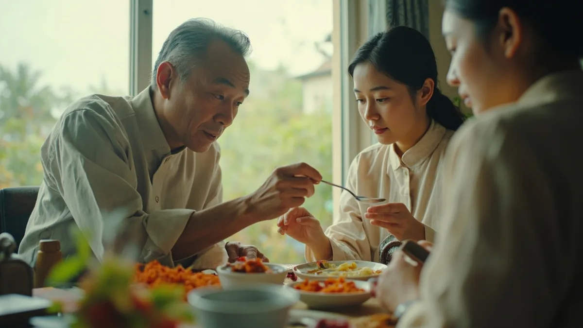 A host encourages a guest to take more food from a serving dish, illustrating “eat a little more” in Chinese: 多吃点 (duō chī de)