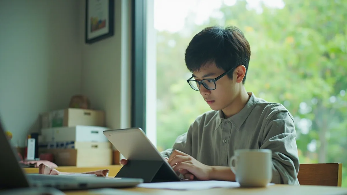 A young person intently studies a foreign language on a tablet device, illustrating “English” in Chinese: 英语 (yīngyǔ)